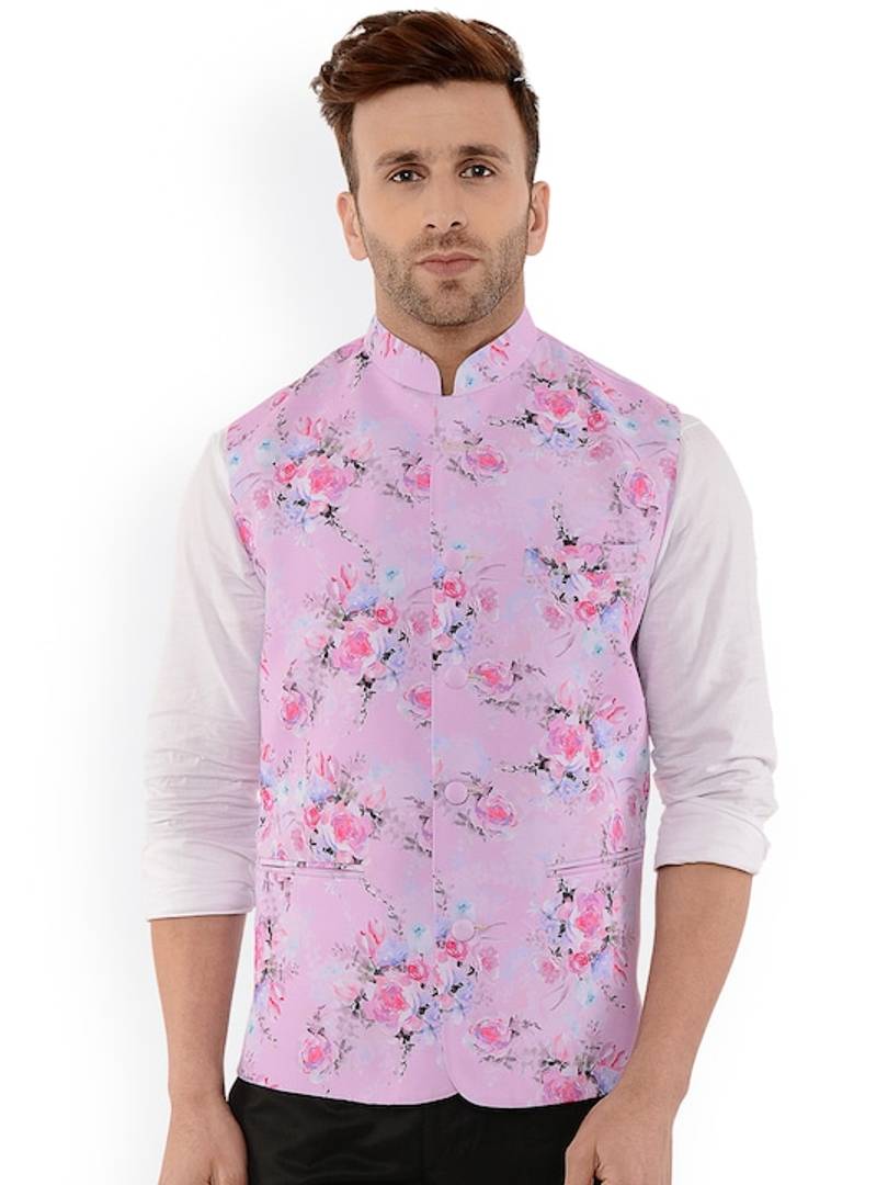 Men's Pink 
Cotton Blend
 Printed Nehru Jackets